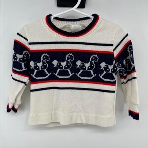 Vintage 1970’s White Sweater with Navy Rocking Horse Design Preppy and Classic